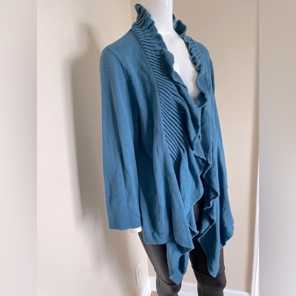 Soft Surroundings Ruffle Trim Open Front 100% Cotton Cardigan Blue Size XL - Picture 2 of 5